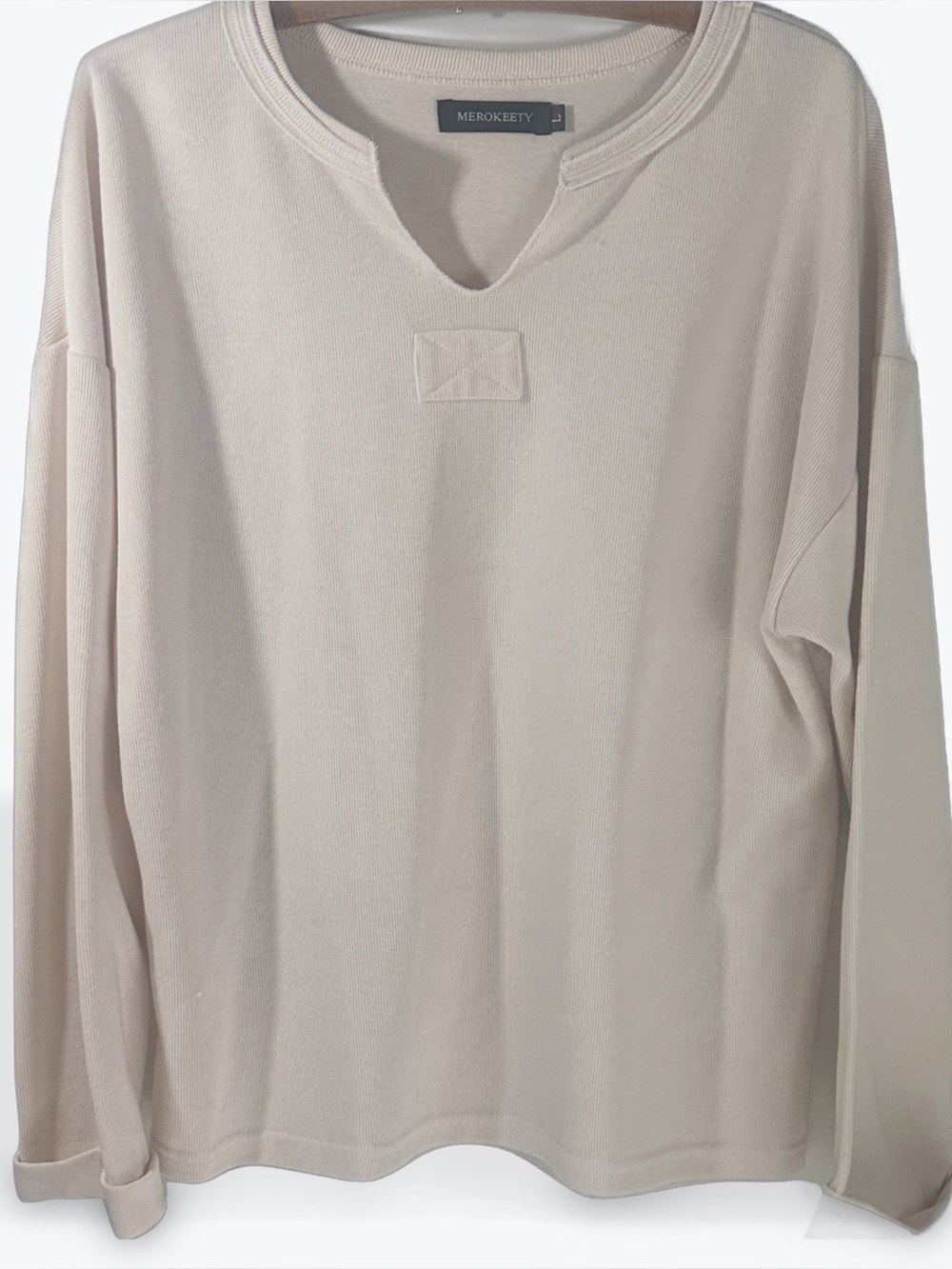 Merokeety Beige Lightweight Long Sleeve Top Large